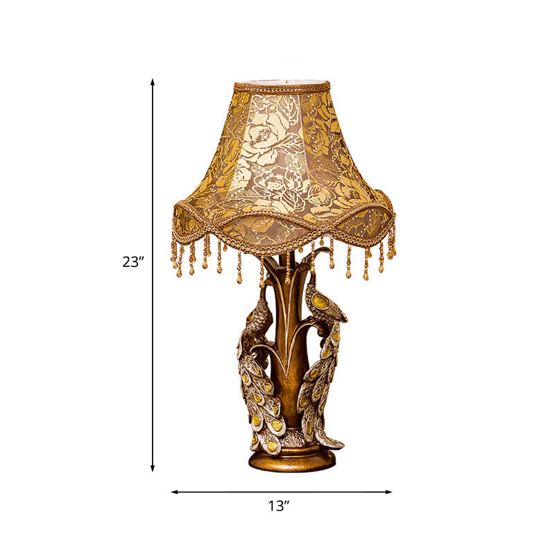 Scalloped Rose Print Fabric Table Light Traditional 1-Light Bedside Night Lamp with Peacock Decoration in Gold Clearhalo 'Lamps' 'Table Lamps' Lighting' 1034383
