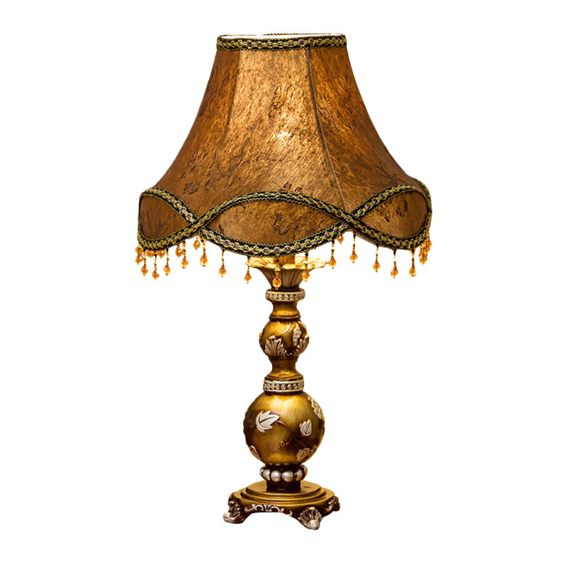 1-Light Scalloped Bell Table Lamp Traditional Brown Fabric Nightstand Light, 13