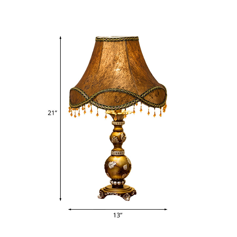 1-Light Scalloped Bell Table Lamp Traditional Brown Fabric Nightstand Light, 13