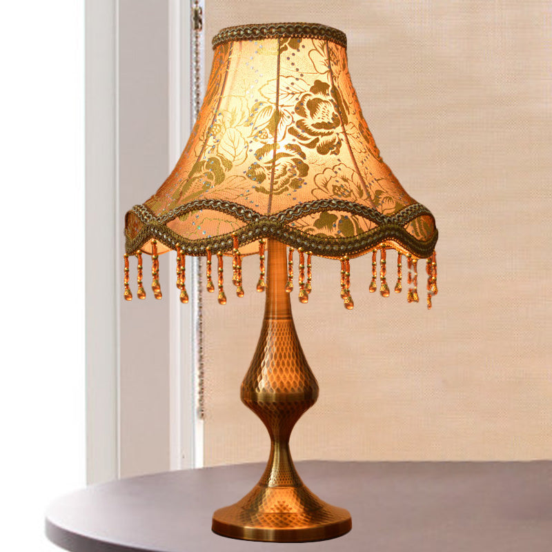 Brass 1 Head Night Stand Lamp Vintage Floral Print Fabric Flared Table Light with Scalloped Trim and Fringe Brass Clearhalo 'Lamps' 'Table Lamps' Lighting' 1034393