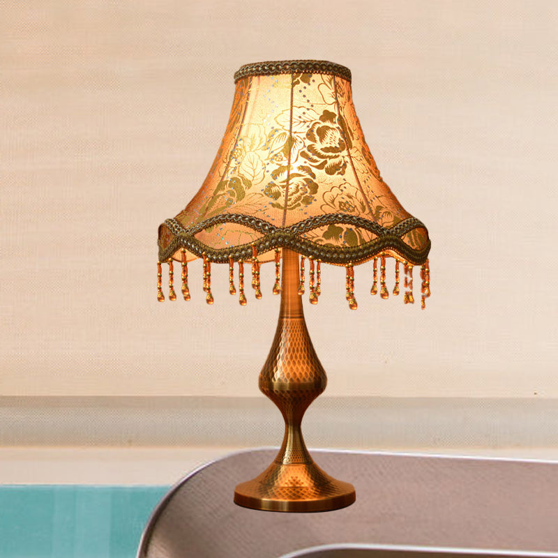 Brass 1 Head Night Stand Lamp Vintage Floral Print Fabric Flared Table Light with Scalloped Trim and Fringe Clearhalo 'Lamps' 'Table Lamps' Lighting' 1034394