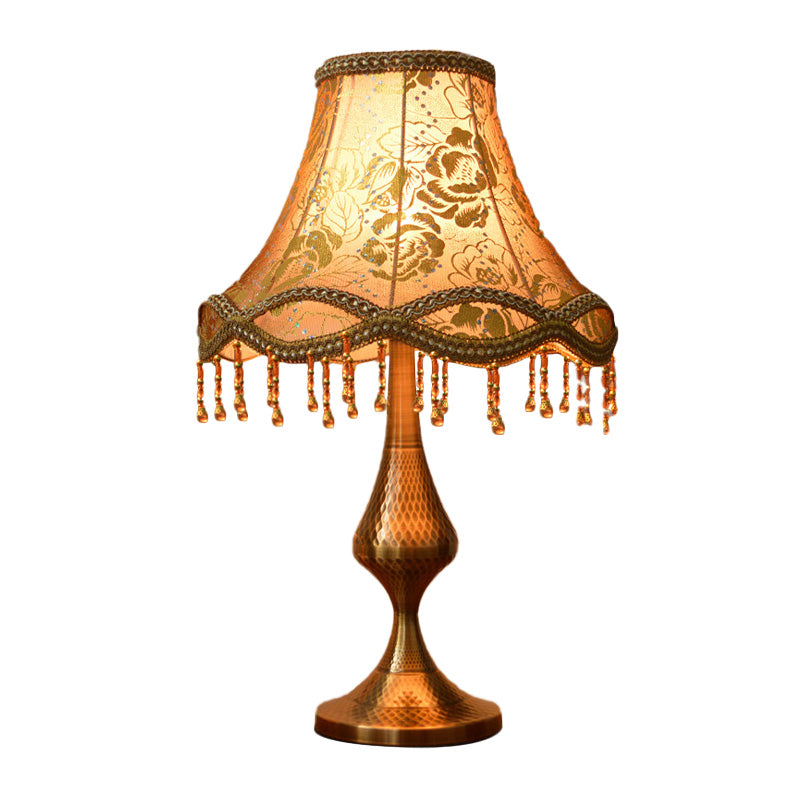 Brass 1 Head Night Stand Lamp Vintage Floral Print Fabric Flared Table Light with Scalloped Trim and Fringe Clearhalo 'Lamps' 'Table Lamps' Lighting' 1034395
