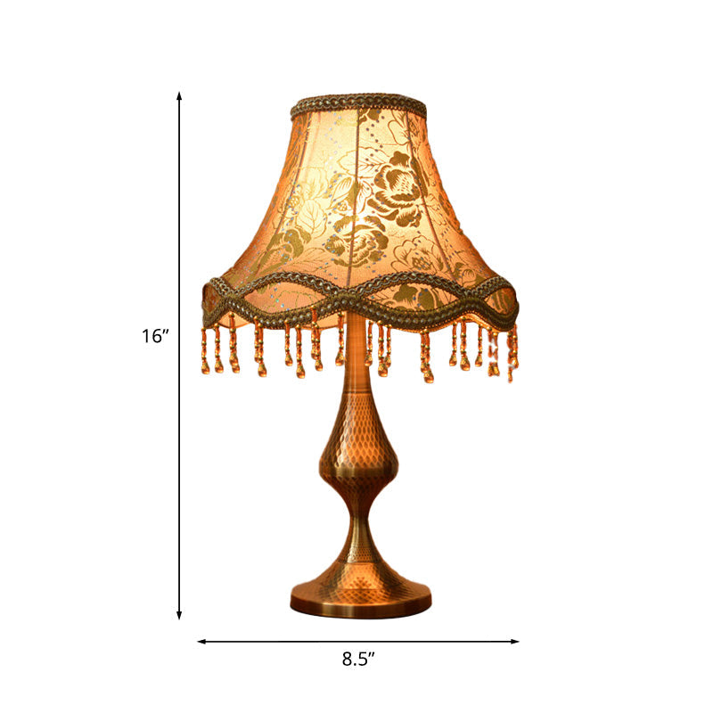 Brass 1 Head Night Stand Lamp Vintage Floral Print Fabric Flared Table Light with Scalloped Trim and Fringe Clearhalo 'Lamps' 'Table Lamps' Lighting' 1034396