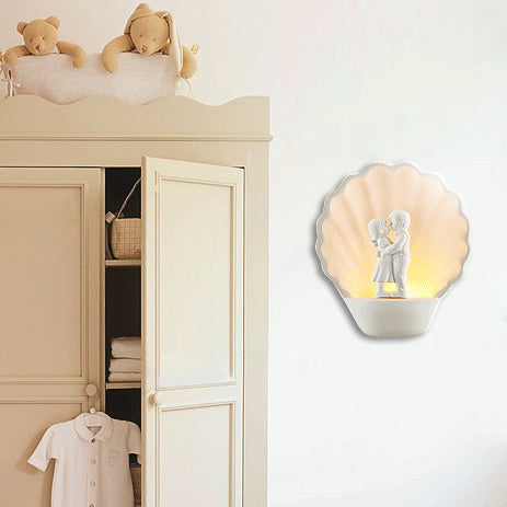 White Couple Wall Light with Shell Romantic Plaster Sconce Lighting in White for Study Room Clearhalo 'Wall Lamps & Sconces' 'Wall Lights' Lighting' 103603