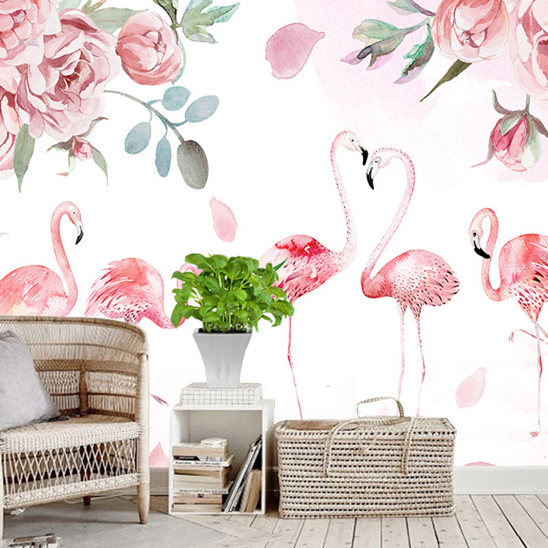 Pink Flamingo Mural Wallpaper Water-Resistant Wall Covering for Guest Room Decoration Pink Clearhalo 'Wall Decor' 'Wall Mural' 1036062