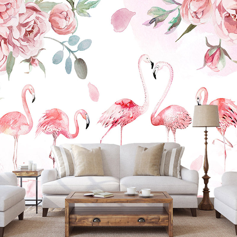 Pink Flamingo Mural Wallpaper Water-Resistant Wall Covering for Guest Room Decoration Clearhalo 'Wall Decor' 'Wall Mural' 1036063