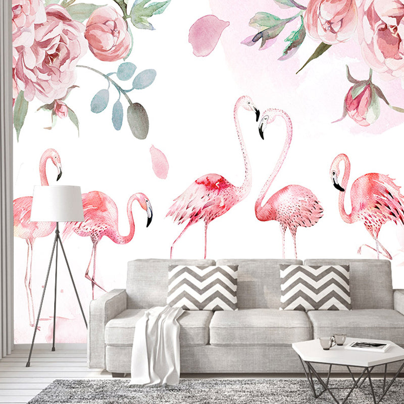 Pink Flamingo Mural Wallpaper Water-Resistant Wall Covering for Guest Room Decoration Clearhalo 'Wall Decor' 'Wall Mural' 1036064