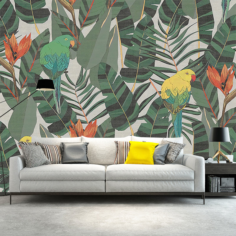 Contemporary Leaves and Birds Mural Wallpaper for Home Decoration, Personalized Size Wall Art in Green and Red Green Clearhalo 'Wall Decor' 'Wall Mural' 1036087