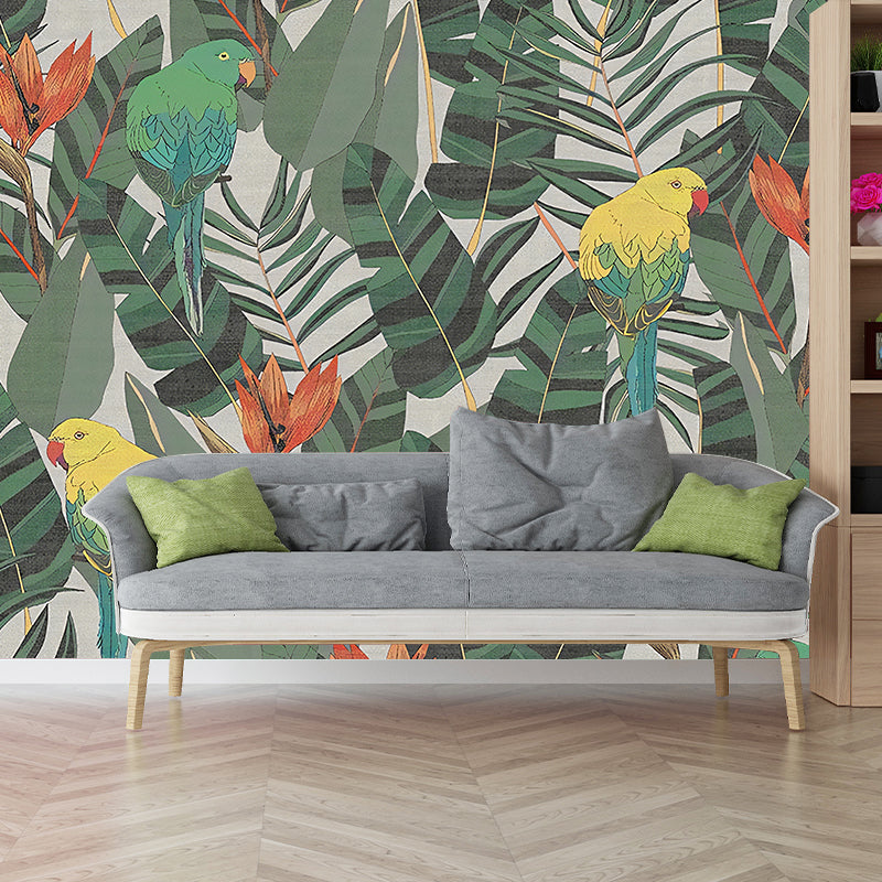 Contemporary Leaves and Birds Mural Wallpaper for Home Decoration, Personalized Size Wall Art in Green and Red Clearhalo 'Wall Decor' 'Wall Mural' 1036088