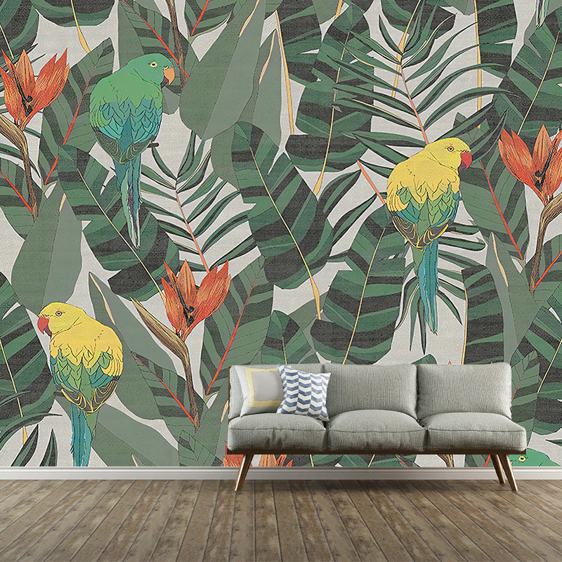 Contemporary Leaves and Birds Mural Wallpaper for Home Decoration, Personalized Size Wall Art in Green and Red Clearhalo 'Wall Decor' 'Wall Mural' 1036089