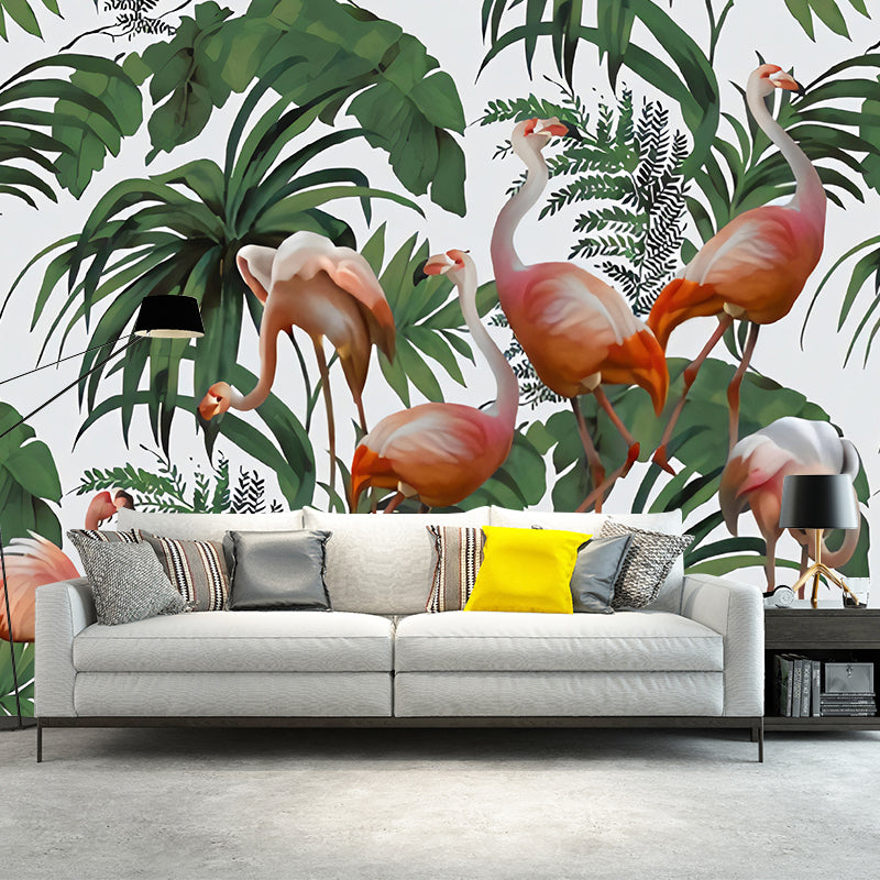 Enormous Flamingo Mural for Dining Room Leaves Wall Decor in Green, Stain-Resistant Green Clearhalo 'Wall Decor' 'Wall Mural' 1036092