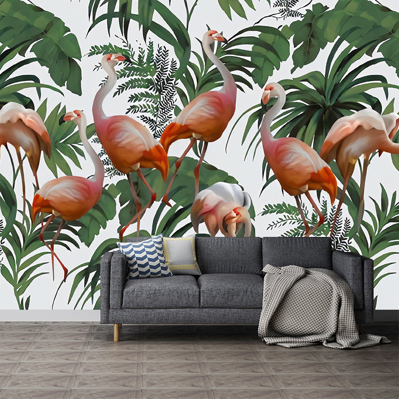 Enormous Flamingo Mural for Dining Room Leaves Wall Decor in Green, Stain-Resistant Clearhalo 'Wall Decor' 'Wall Mural' 1036093