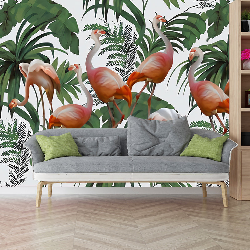 Enormous Flamingo Mural for Dining Room Leaves Wall Decor in Green, Stain-Resistant Clearhalo 'Wall Decor' 'Wall Mural' 1036094