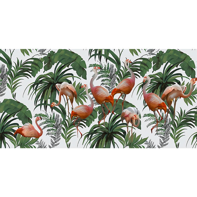 Enormous Flamingo Mural for Dining Room Leaves Wall Decor in Green, Stain-Resistant Clearhalo 'Wall Decor' 'Wall Mural' 1036095