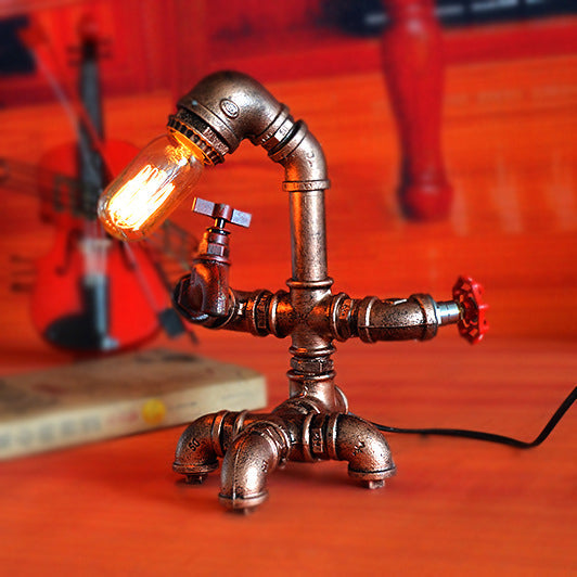 Iron Pipe Man Table Lighting Rustic 1 Head Restaurant Table Lamp with Red Valve and Faucet in Bronze Finish Bronze Clearhalo 'Lamps' 'Table Lamps' Lighting' 103611