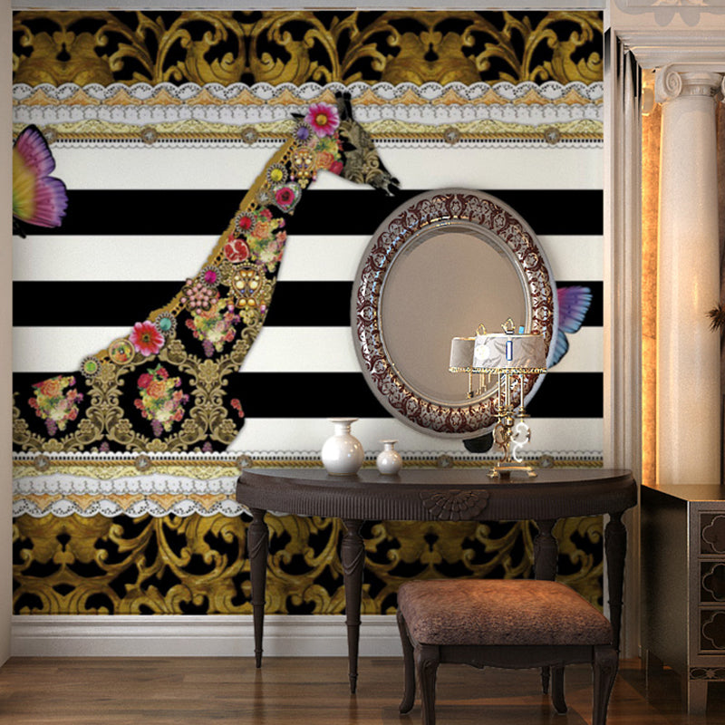 Big Illustration Fantasy Mural Wallpaper for Accent Wall with Giraffe and Butterfly Pattern in Brown Clearhalo 'Wall Decor' 'Wall Mural' 1036110