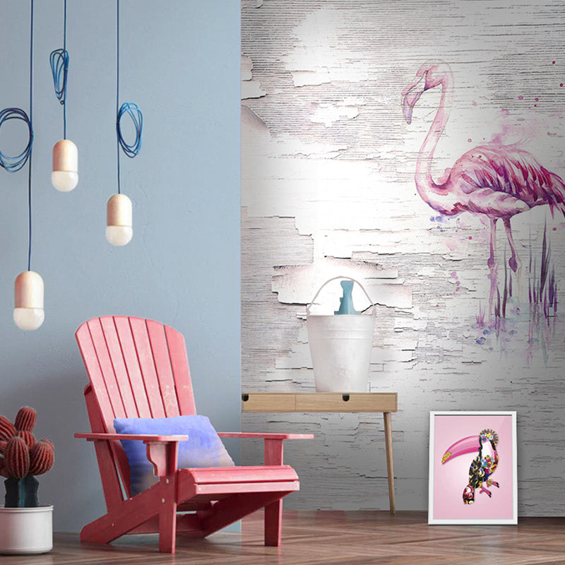 Extra Large Illustration Flamingo Mural Wallpaper for Girl's Bedroom in Pink and Grey, Custom Size Available Clearhalo 'Wall Decor' 'Wall Mural' 1036114