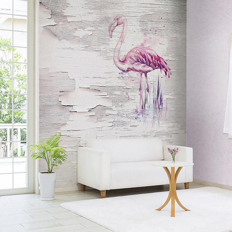 Extra Large Illustration Flamingo Mural Wallpaper for Girl's Bedroom in Pink and Grey, Custom Size Available Clearhalo 'Wall Decor' 'Wall Mural' 1036115