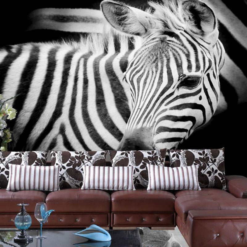 Cool Zebra Wall Mural Decal for Accent Wall Animal Wall Covering in Black and White, Custom Size Available Black-White Clearhalo 'Wall Decor' 'Wall Mural' 1036144