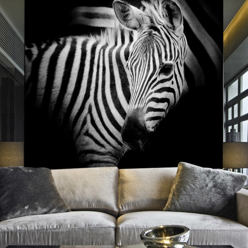 Cool Zebra Wall Mural Decal for Accent Wall Animal Wall Covering in Black and White, Custom Size Available Clearhalo 'Wall Decor' 'Wall Mural' 1036145