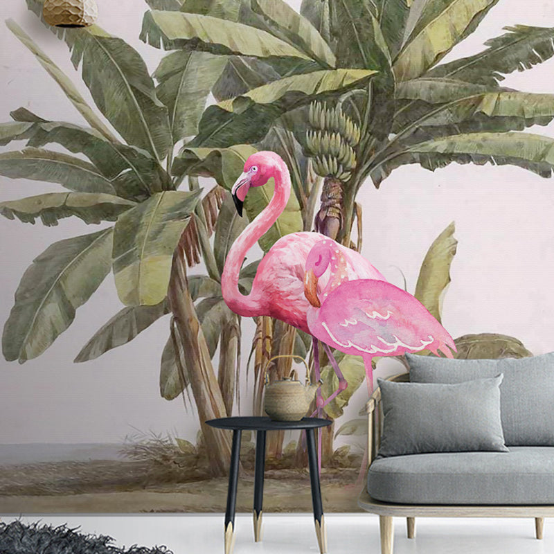 Bird and Flamingo Mural Wallpaper for Girl's Bedroom Decoration, Pink and Green, Made to Measure Clearhalo 'Wall Decor' 'Wall Mural' 1036150