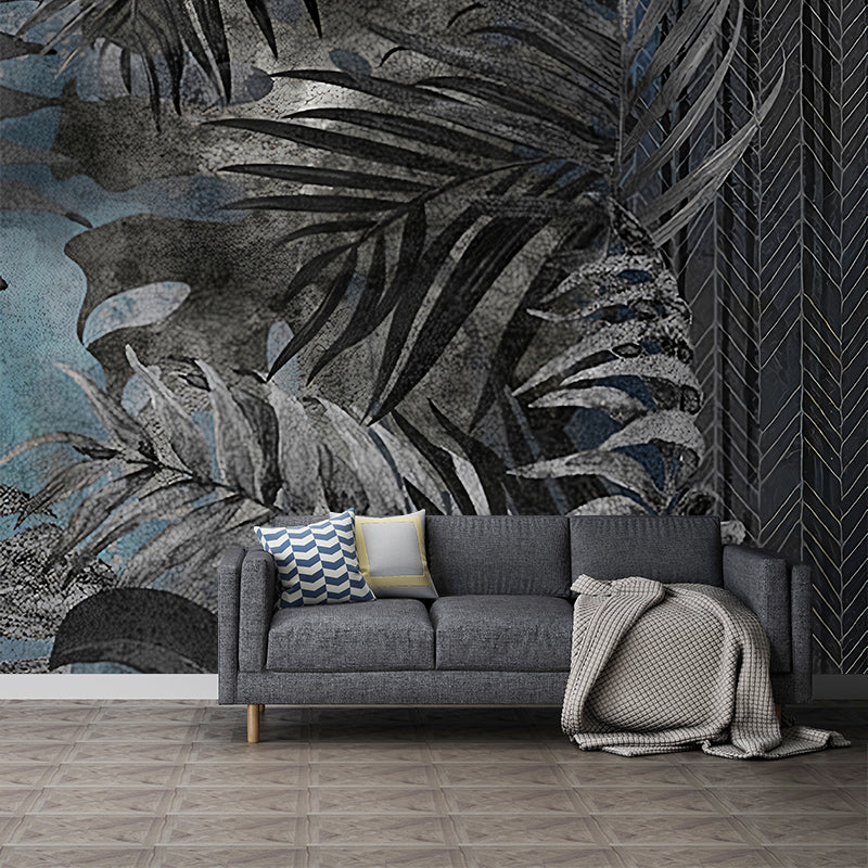 Minimalist Tropical Plant Wall Art for Living Room Decor, Custom-Made Wall Mural in Dark Grey Clearhalo 'Wall Decor' 'Wall Mural' 1036187