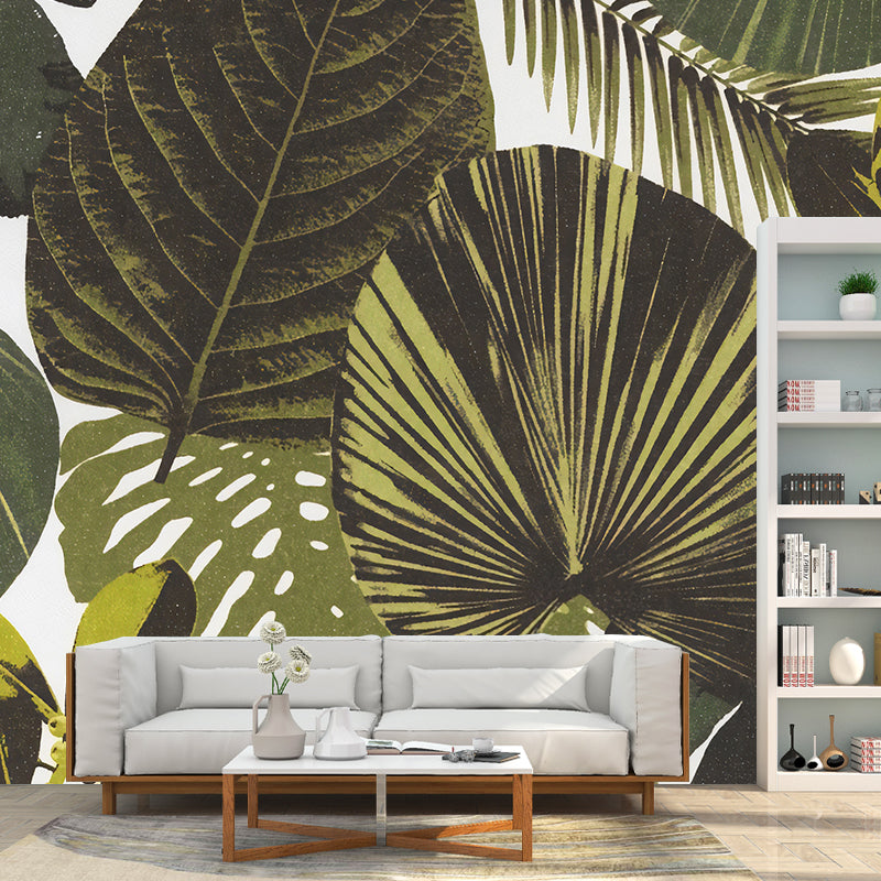 Big Jungle Leaves Wall Decor for Thai Restaurant Plants Wall Mural in Green, Stain-Resistant Green Clearhalo 'Wall Decor' 'Wall Mural' 1036191