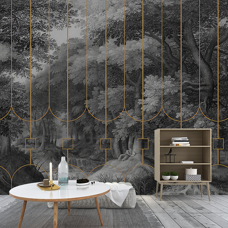 Enormous Photo Original Mural Wallpaper for Living Room Decor with Railings and Forest Design in Dark Grey Clearhalo 'Wall Decor' 'Wall Mural' 1036197