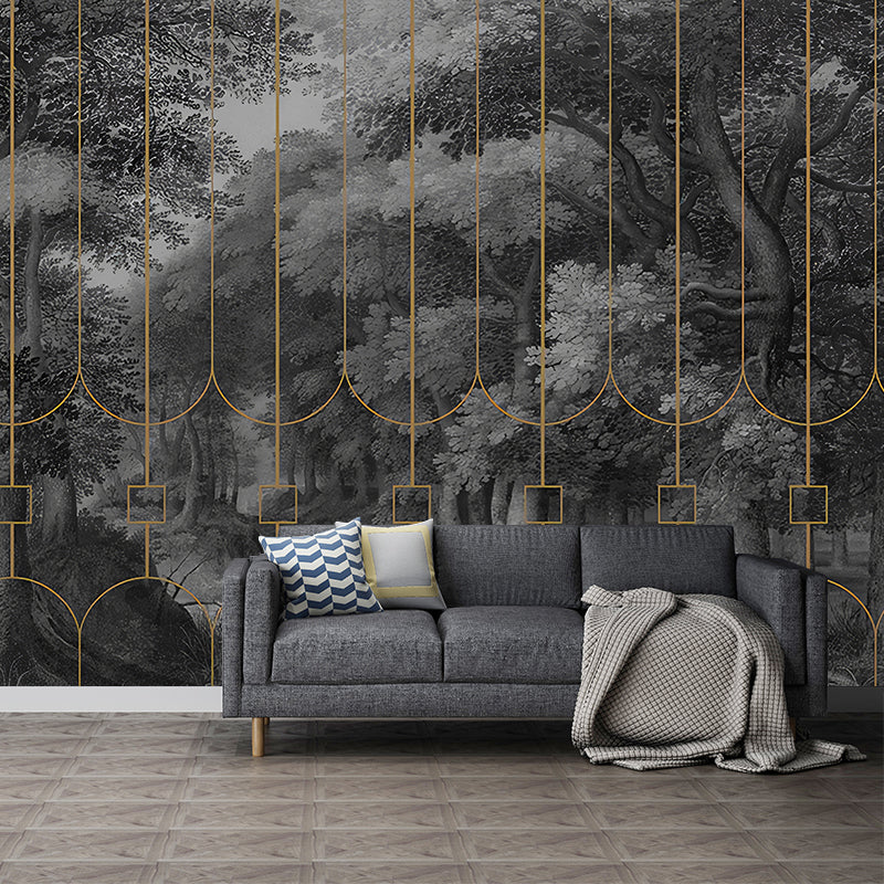 Enormous Photo Original Mural Wallpaper for Living Room Decor with Railings and Forest Design in Dark Grey Clearhalo 'Wall Decor' 'Wall Mural' 1036198