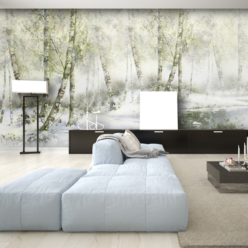 Decorative River and Forest Mural Non-Woven Material Wall Covering for Accent Wall in Grey and Yellow Clearhalo 'Wall Decor' 'Wall Mural' 1036219