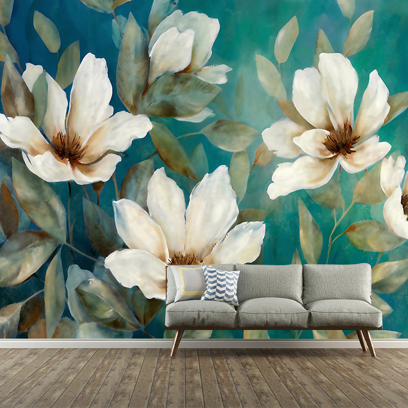 Green and White Nostalgic Mural Customized Size Blossoms Wall Art for Dining Room Decoration Green-White Clearhalo 'Wall Decor' 'Wall Mural' 1036236