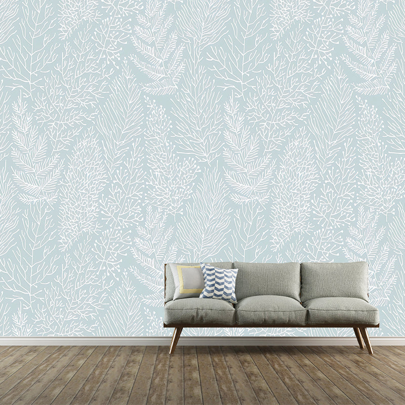 Simple Leaves Texture Mural Wallpaper for Dining Room Decoration, Pastel Blue, Custom-Printed Clearhalo 'Wall Decor' 'Wall Mural' 1036263