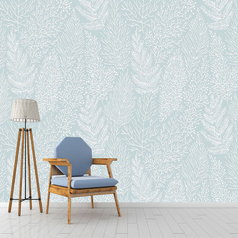 Simple Leaves Texture Mural Wallpaper for Dining Room Decoration, Pastel Blue, Custom-Printed Clearhalo 'Wall Decor' 'Wall Mural' 1036264