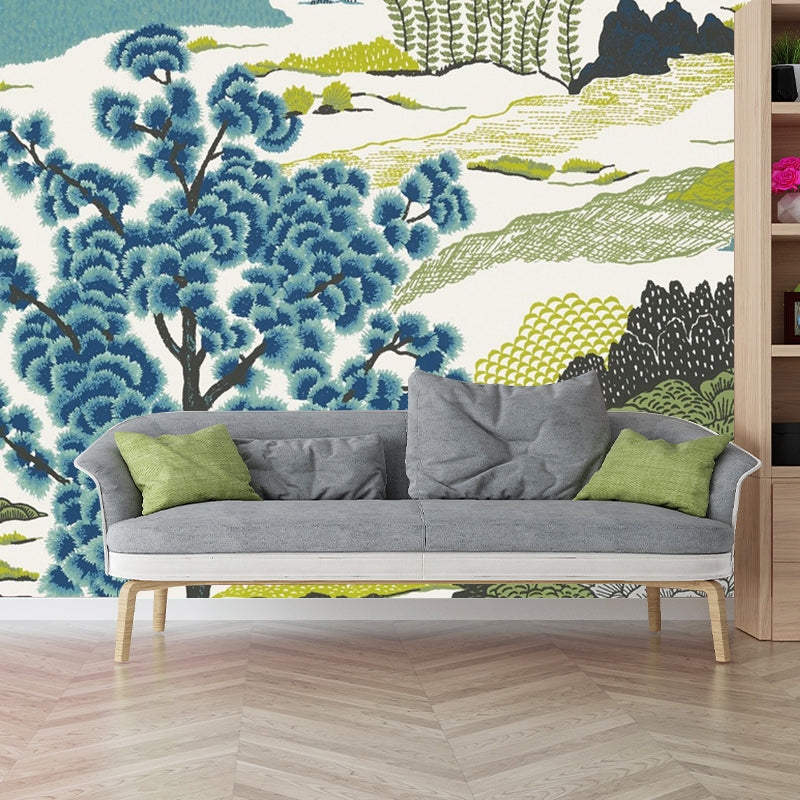 Countryside Watercolors of Forest Mural in Green and Blue Bedroom Wall Art, Made to Measure Blue-Green Clearhalo 'Wall Decor' 'Wall Mural' 1036297