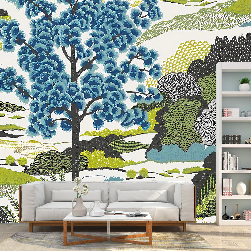 Countryside Watercolors of Forest Mural in Green and Blue Bedroom Wall Art, Made to Measure Clearhalo 'Wall Decor' 'Wall Mural' 1036299