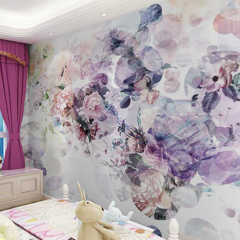 Enormous Rose and Bubble Mural in Purple and Pink Non-Woven Fabric Wall Art for Home Decor, Custom-Printed Purple-Pink Clearhalo 'Wall Decor' 'Wall Mural' 1036308