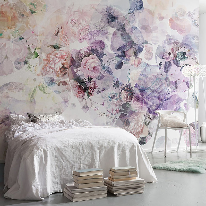 Enormous Rose and Bubble Mural in Purple and Pink Non-Woven Fabric Wall Art for Home Decor, Custom-Printed Clearhalo 'Wall Decor' 'Wall Mural' 1036309