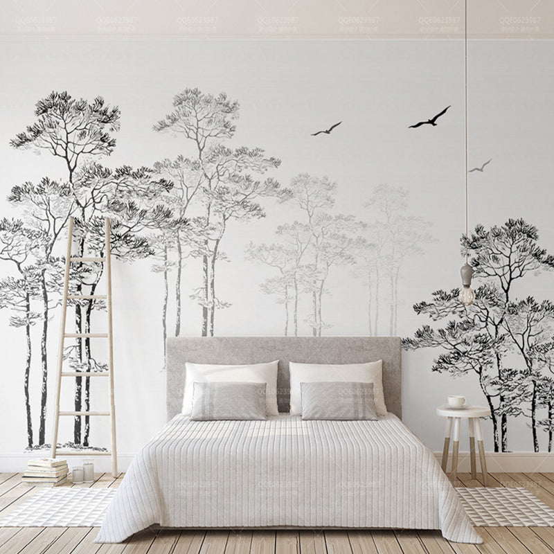 Whole Pine Tree Wall Decor for Guest Room Flying Bird Wall Mural in Black and White, Water-Resistant Black-White Clearhalo 'Wall Decor' 'Wall Mural' 1036335