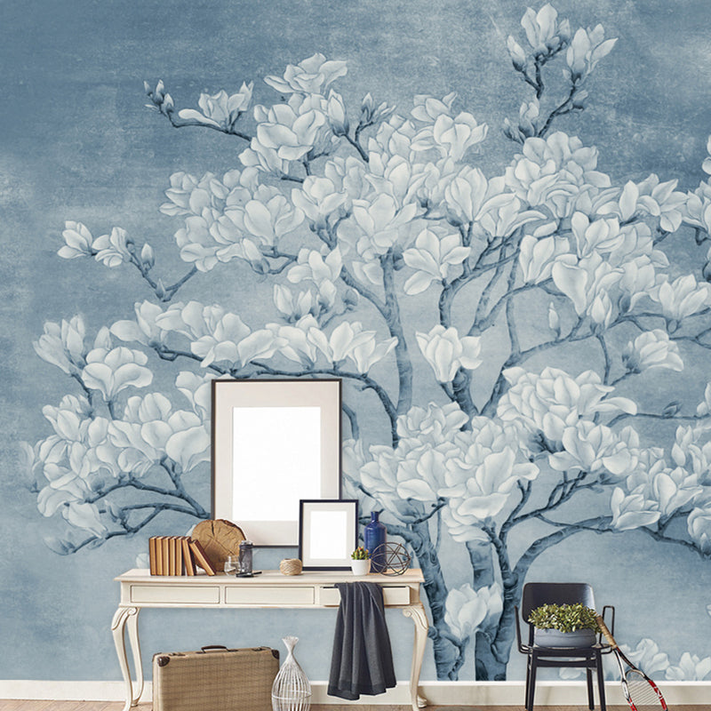 Decorative Blossoms and Tree Mural for Dining Room Decor Contemporary Wall Art, Custom-Made Blue Clearhalo 'Wall Decor' 'Wall Mural' 1036406