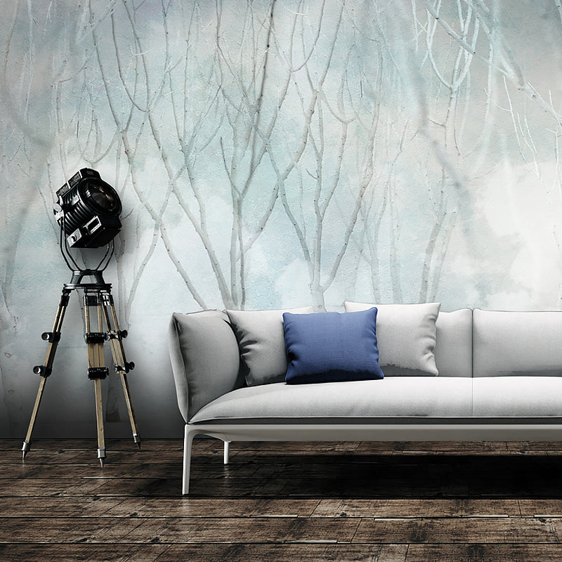 Contemporary Trees Wall Mural Decal in Blue Living Room Decorative Wall Covering, Made to Measure Blue Clearhalo 'Wall Decor' 'Wall Mural' 1036421