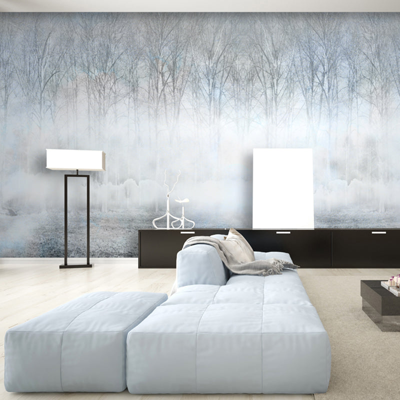 Simple Misty Forest Wall Mural for Dining Room, Custom Size Wall Art in Blue and Grey Blue Clearhalo 'Wall Decor' 'Wall Mural' 1036444