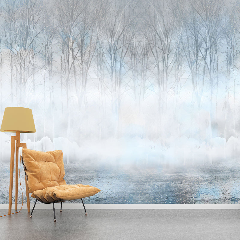 Simple Misty Forest Wall Mural for Dining Room, Custom Size Wall Art in Blue and Grey Clearhalo 'Wall Decor' 'Wall Mural' 1036445