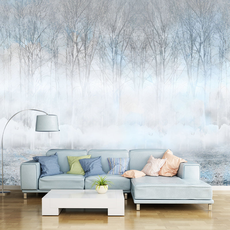 Simple Misty Forest Wall Mural for Dining Room, Custom Size Wall Art in Blue and Grey Clearhalo 'Wall Decor' 'Wall Mural' 1036446