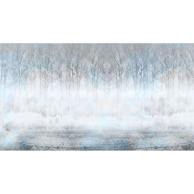 Simple Misty Forest Wall Mural for Dining Room, Custom Size Wall Art in Blue and Grey Clearhalo 'Wall Decor' 'Wall Mural' 1036447