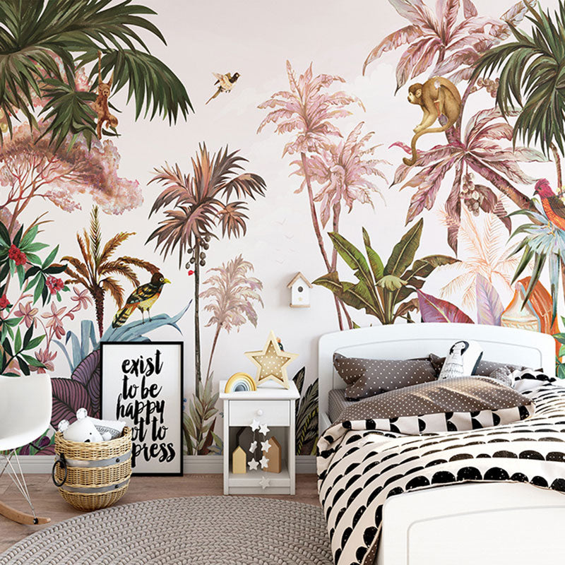 Tropical Plants Wall Mural Decal for Accent Wall, Pastel Pink, Personalized Size Available Pink Clearhalo 'Wall Decor' 'Wall Mural' 1036552