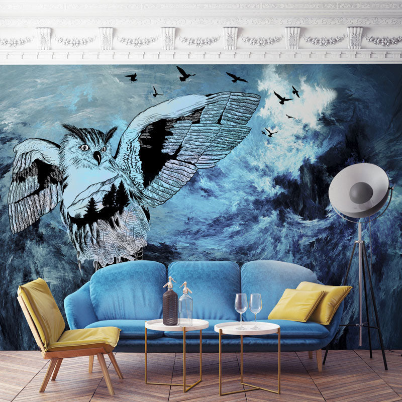 Original Owl Wall Mural in Blue Guest Room Wall Covering, Customized Size Available Blue Clearhalo 'Wall Decor' 'Wall Mural' 1036562