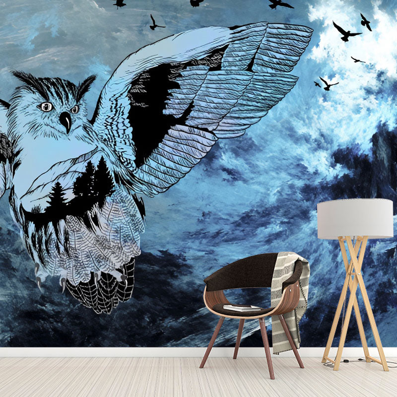 Original Owl Wall Mural in Blue Guest Room Wall Covering, Customized Size Available Clearhalo 'Wall Decor' 'Wall Mural' 1036563