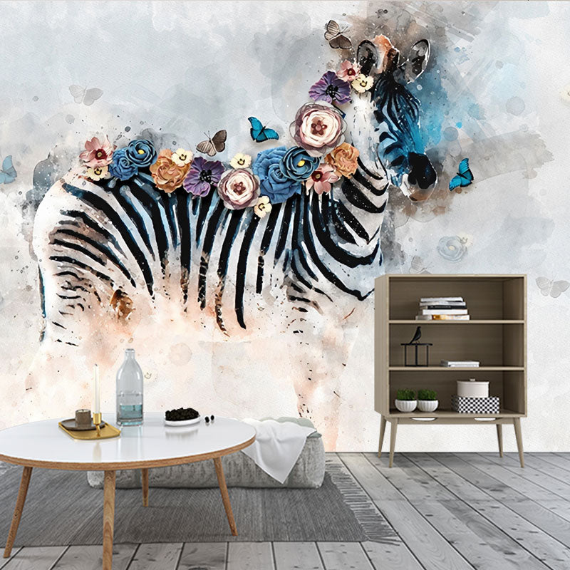 Black and White Zebra Mural Stain-Resistant Wall Covering for Bedroom Decoration Black-White Clearhalo 'Wall Decor' 'Wall Mural' 1036567