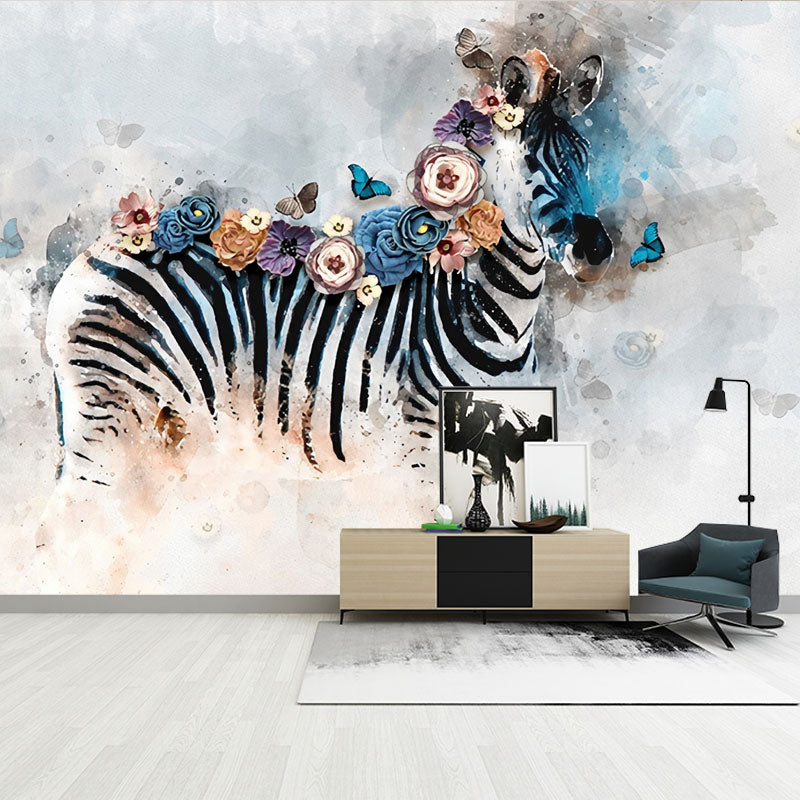 Black and White Zebra Mural Stain-Resistant Wall Covering for Bedroom Decoration Clearhalo 'Wall Decor' 'Wall Mural' 1036568