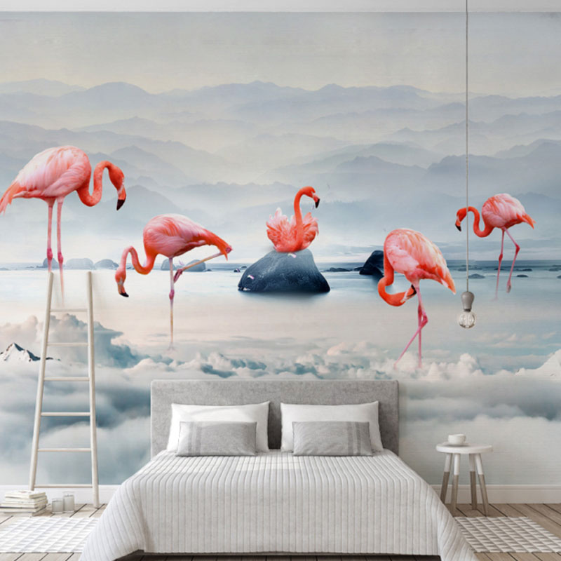 Illustration Flamingo Mural Wallpaper Whole Wall Art for Girl's Bedroom, Made to Measure Red Clearhalo 'Wall Decor' 'Wall Mural' 1036572